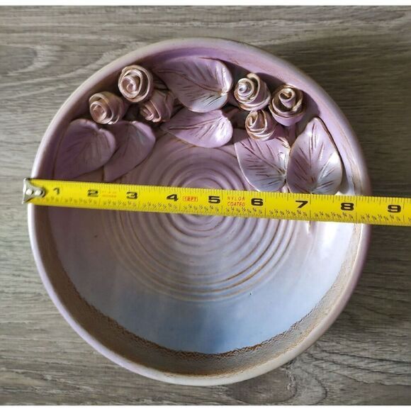 Art Pottery Bowl Dish With Roses / Purple Hues Applied Flowers Mother's Day - Picture 9 of 9